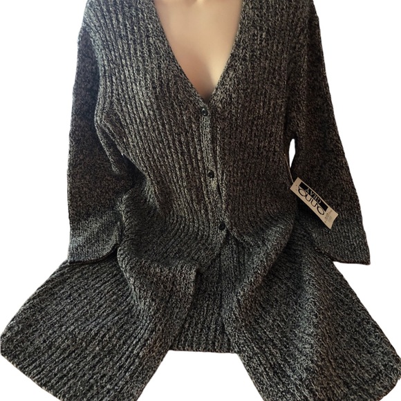 Anna Gray Long Cardigan Sweater  Womens Medium Button Front Black White - Picture 3 of 6